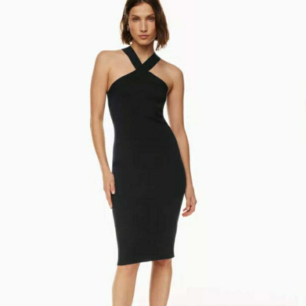 Aritzia Babaton Sculpt Knit Criss Cross Ribbed Halter Midi Dress Black Sz 2XL